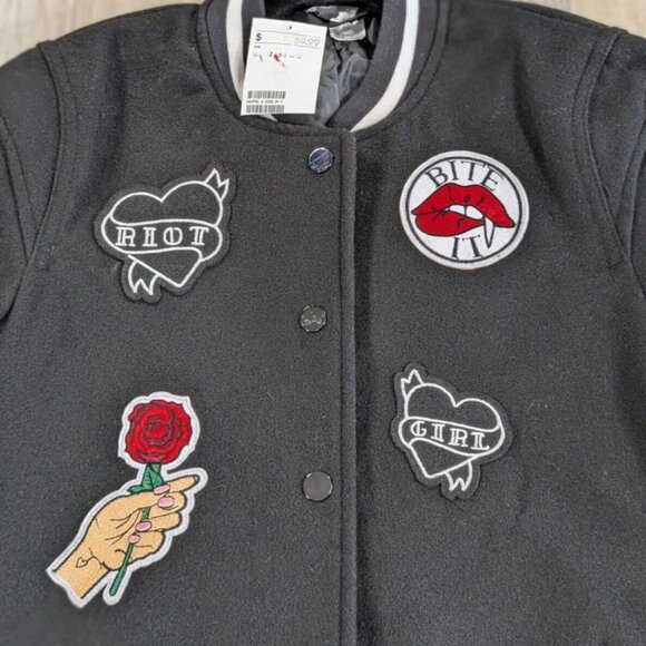 H&M Divided Varsity Jacket Womens 2 Black Long Sleeve Patches Riot Girl Vampire - Picture 3 of 10